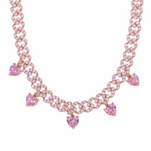 Load image into Gallery viewer, Pink and Rose Gold CZ Paved Cuban Link Heart Necklace